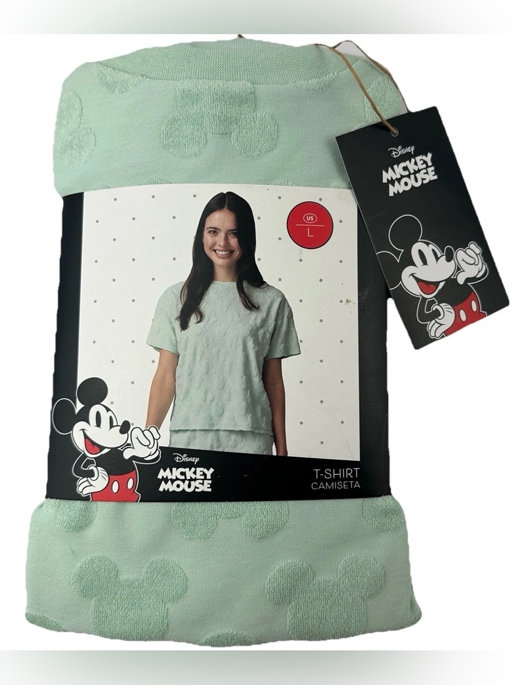 Disney Mickey Mouse Womens L Mint Green Embossed T Shirt NWT Short Sleeve Tee